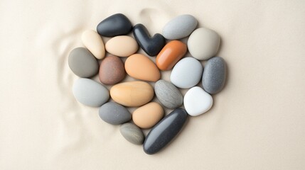 Decorative arrangement of multicolored stones forming a heart shape on sandy surface in a calm indoor setting.