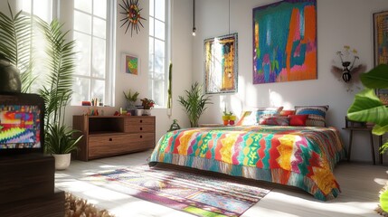 Boho-chic bedroom with vibrant accents, modern furniture, and a seamless infinite white background.