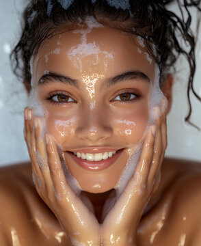 A beautiful Latina young woman with dark skin, smiling and washing her face in the morning with soap and water on a white background. Close-up of her hands with facial foam wash. This bea