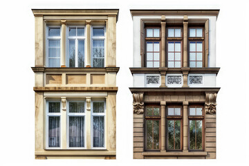 Fototapeta premium Two architectural facades showcasing distinct styles and window designs. isolated on white background