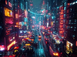 Fototapeta premium A futuristic cityscape with a glowing fiber optic labyrinth shimmering towers and pulsing iridescent cables
