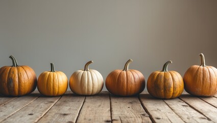 there are six small pumpkins sitting on a wooden table