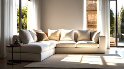 Fototapeta premium A spacious, plush white sofa adorned with soft pillows sits in a sunlit room, creating an inviting and cozy atmosphere perfect for relaxation