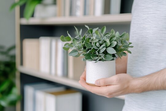 Man holding small potted plant.