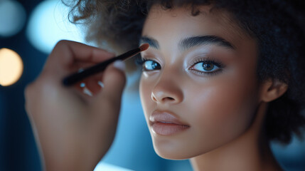 Obraz premium A professional makeup artist is applying the final touches to her model's look, with an emphasis on flawless skin and elegant eye makeup in a well-lit studio setting. The focus of