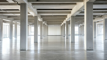 Concrete construction. Empty industrial space with concrete pillars and smooth flooring.