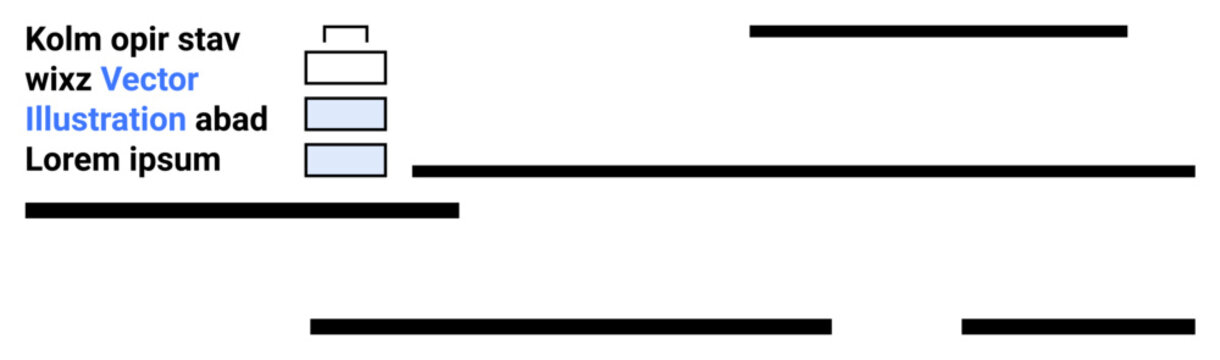 Three stacked checkboxes, horizontal bars, and placeholder text Kolm opir stav and more. Ideal for data visualization, reports, presentations, manuals, tutorials, educational materials, infographics