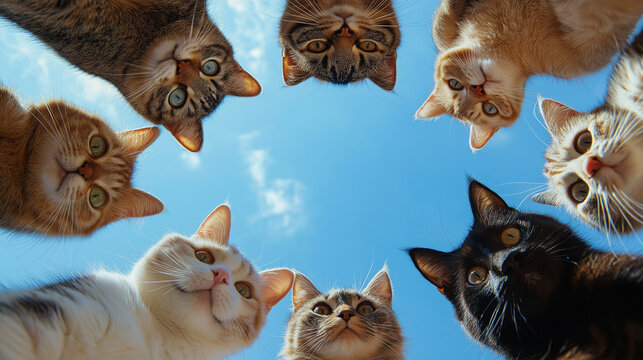 From a bottom-up perspective, eight cats form a circle. The expressions on the cats' faces are different. Some have their eyes wide open, while others are half-squinting and so on.