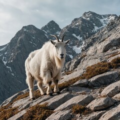 Obraz premium A mountain goat standing on a steep, rocky slope against a white background.