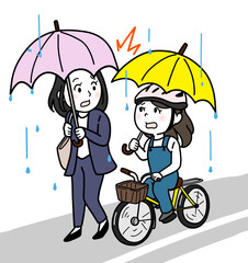 雨の日に傘さし自転車と接触する人（道路込み・肌色白）