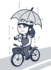 雨の日に傘をさして自転車に乗る人（道路込み・1トーン）