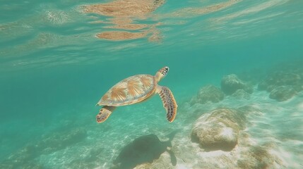 Obraz premium Turtles Gliding Through Clear Pristine Water