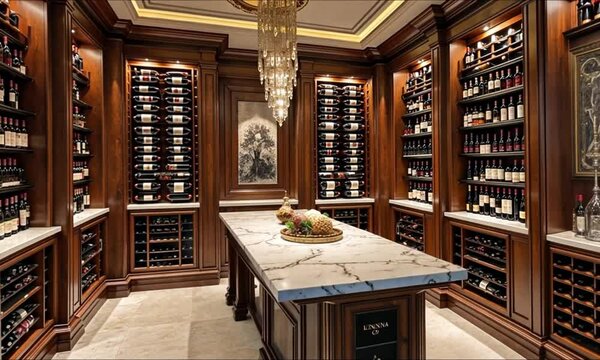 An elegant wine cellar with wooden racks, recessed lighting, a marble table, and luxurious decor, perfect for entertaining