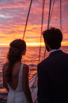11h A photography of a couple (in close-up) sailing into the horizon at sunset, with a vibrant sky and calm sea, reflecting the beauty and serenity of their journey