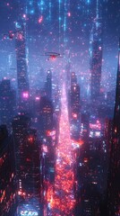 Fototapeta premium A futuristic cityscape with a glowing fiber optic labyrinth shimmering towers and pulsing iridescent cables