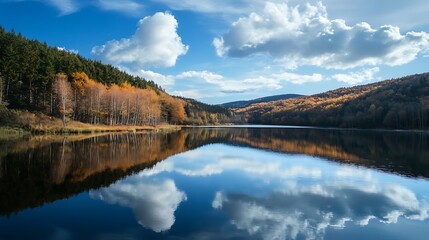 Fototapeta premium Autumn lake reflections, tranquil landscape. Concept of serenity, nature, and peace.