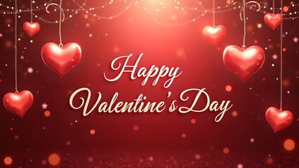 Happy Valentine's Day greeting card with hanging hearts. Romantic and festive design.