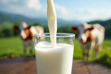 Fresh milk pouring into a clean glass, symbolizing safety and quality, with a focus on the pure white stream and dairy farm essence.