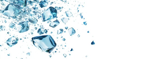 Shattered ice cubes falling on white background.