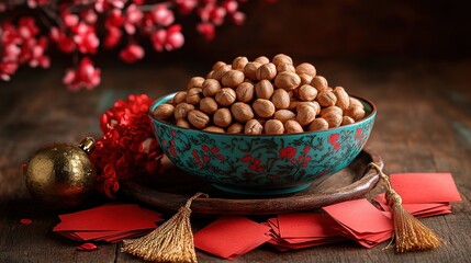 Pile of pecans in a decorative bowl, festive Chinese New Year setting.