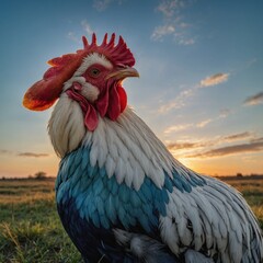 A vibrant rooster crowing at sunrise with soft white clouds and a gradient blue sky.
