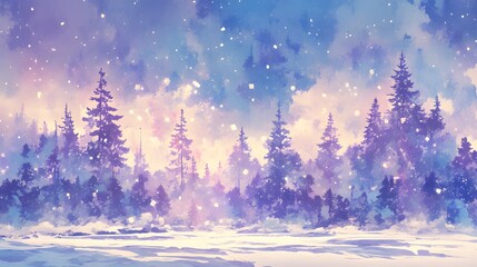 Winter snowfall over a purple and blue watercolor scene