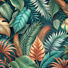 A vibrant tropical foliage pattern with lush green and orange leaves.
