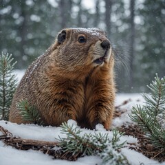 Obraz premium A whimsical scene of a groundhog wearing a tiny top hat, standing next to a sign that says Groundhog Day 2024. 