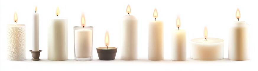 Collection of various lit candles of different sizes and shapes on white background.