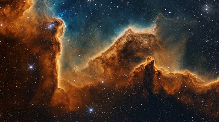 Vibrant nebula in space with swirling gas and dust clouds, stars, and cosmic elements.