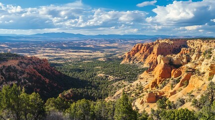 Canyon landscape, Utah. Scenic view of a valley with red rock formations and forests.