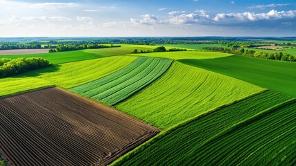 Obraz premium Degraded Soil Concept, Aerial View of Lush Green Farmland with Patterns and Erosion Control Strategies in Agricultural Landscape