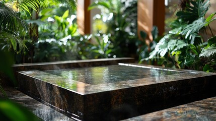 Rustic stone tabletop in a lush outdoor garden, framed by blurred tropical leaves