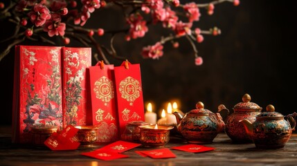 Fototapeta premium Festive Chinese New Year Decor Red Envelopes Teapots Candles