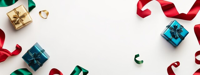 Festive gifts and ribbons on white background.