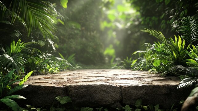 Rustic stone tabletop in a lush outdoor garden, framed by blurred tropical leaves