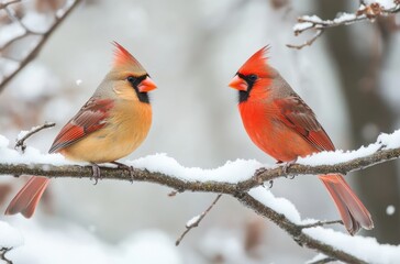 Majestic Male and Female Cardinals Perched Together on a Snowy Branch Surrounded by Winter Forest; A Beautiful Display of Nature's Colors in a Tranquil Setting