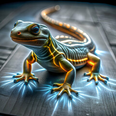 Obraz premium A lizard with glowing yellow lines on its body.
