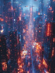 Fototapeta premium A futuristic cityscape with a glowing fiber optic labyrinth shimmering towers and pulsing iridescent cables