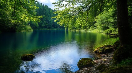 Serene Forest River. Tranquil Nature Scene.