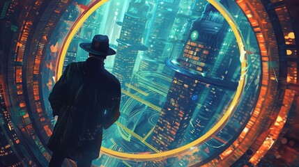 Sleuth in a detective hat stepping through a time machine, moving from the past into a futuristic cityscape. 