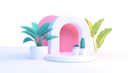 A modern, minimalist scene featuring a stylized, colorful structure with lush green plants and decorative pots.