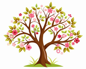 Obraz premium Beautiful Floral Tree Illustration – Blooming Tree with Pink Flowers and Green Leaves.
