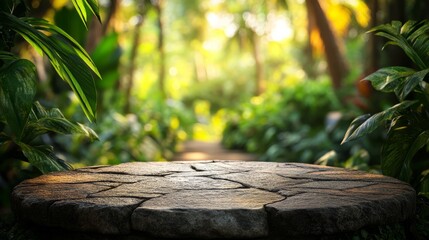 Weathered stone tabletop in a tropical garden, surrounded by vibrant blurred greenery