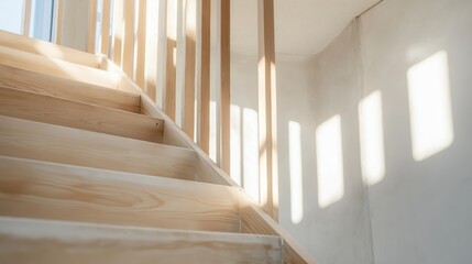 Natural light filters through wooden railing on staircase in modern interior design.