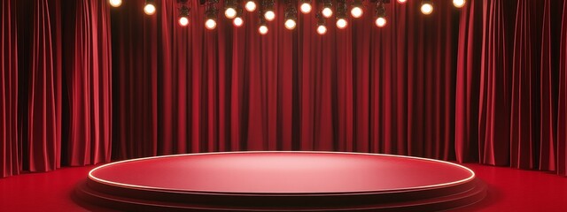 Red stage with round platform and lights.