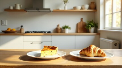 A slice of sweet tart and a golden croissant rest on a kitchen table bathed in sunlight, a simple yet appealing breakfast scene.
