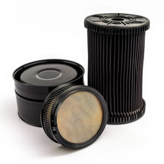 Three air filters arranged on a white background, used for cleaning air in various systems.