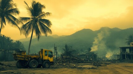 Fototapeta premium Destruction Scene in Developing Area under Harsh Lighting