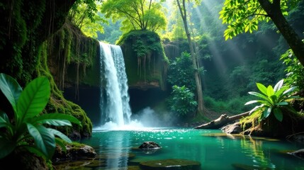 Serene Waterfall Cascading into Lush Emerald Pool, Bathed in Sunlight's Gentle Embrace